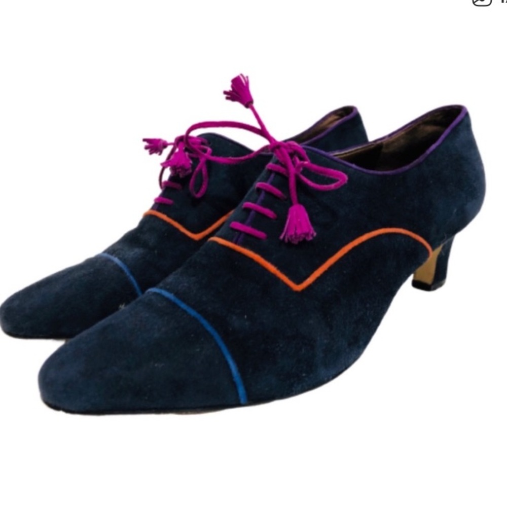 Vtg Jennifer Moore Navy Heeled Lace Up Loafers 9